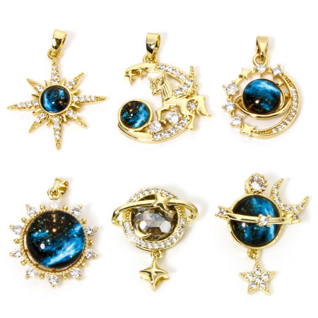 1 Piece Brass Galaxy Charms Real Gold Plated Multicolor With Glass Cabochons