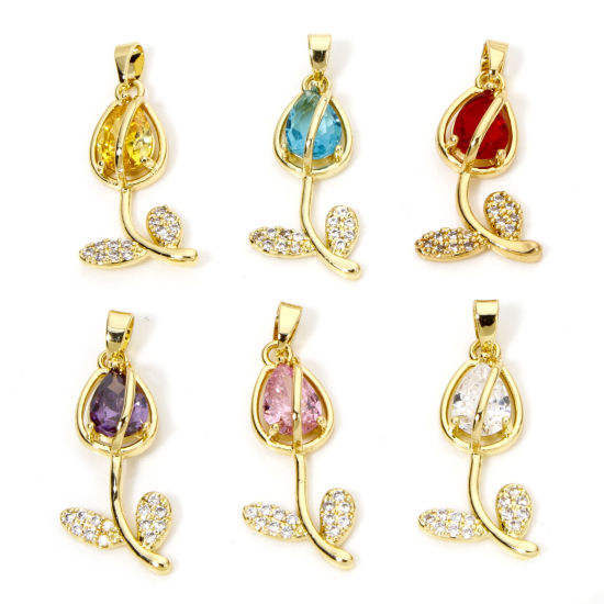 Image de 1 Pièce Breloques en Laiton & Verre Tulipe Plaqué Or 18K Multicolore Micro Pave à Zircone Cubique Clair 29mm x 12mm