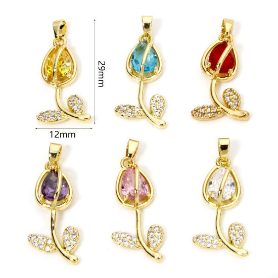 Image de 1 Pièce Breloques en Laiton & Verre Tulipe Plaqué Or 18K Multicolore Micro Pave à Zircone Cubique Clair 29mm x 12mm