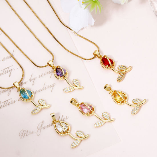 Image de 1 Pièce Breloques en Laiton & Verre Tulipe Plaqué Or 18K Multicolore Micro Pave à Zircone Cubique Clair 29mm x 12mm