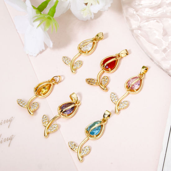Image de 1 Pièce Breloques en Laiton & Verre Tulipe Plaqué Or 18K Multicolore Micro Pave à Zircone Cubique Clair 29mm x 12mm