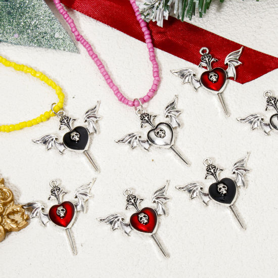 Bild von 10 Stück Zinklegierung Halloween Anhänger Antiksilber Skelett Schädel Flügel Emaille 3.9cm x 3.7cm