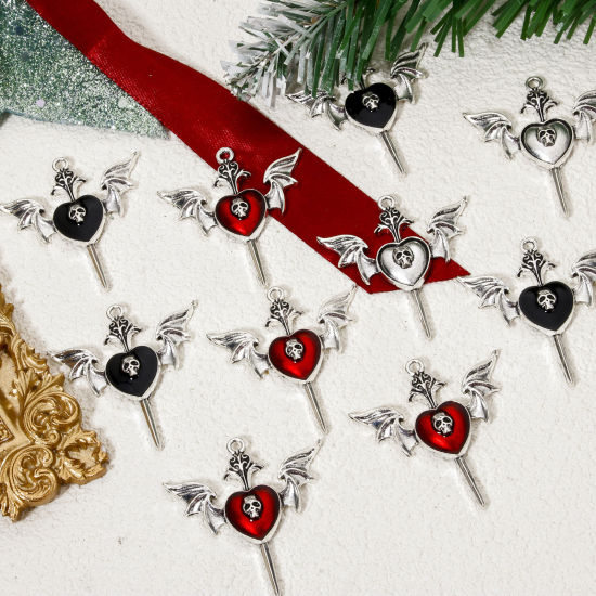 Bild von 10 Stück Zinklegierung Halloween Anhänger Antiksilber Skelett Schädel Flügel Emaille 3.9cm x 3.7cm