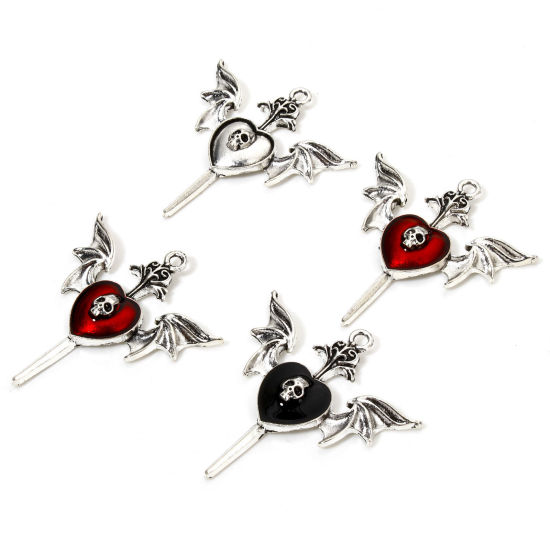 Bild von 10 Stück Zinklegierung Halloween Anhänger Antiksilber Skelett Schädel Flügel Emaille 3.9cm x 3.7cm