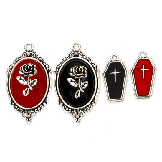 Picture of Zinc Based Alloy Halloween Charms Antique Silver Color Coffin Rose Flower Enamel