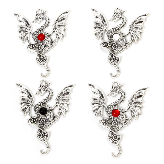 Picture of Zinc Based Alloy Gothic Pendants Antique Silver Color Dragon Wing Enamel 4.8cm x 3.8cm