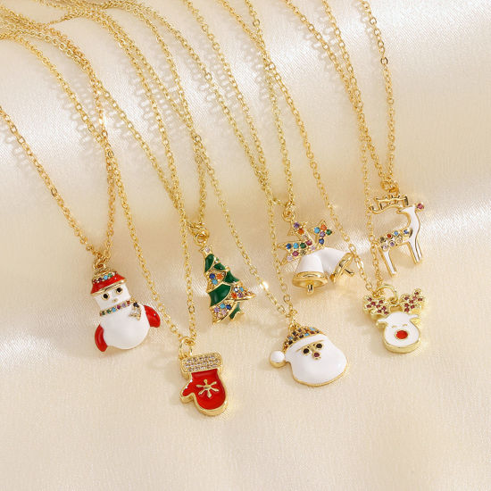 Picture of Hypoallergenic Sweet & Cute Retro 18K Gold Plated Brass & Rhinestone Link Cable Chain Christmas Snowman Enamel Pendant Necklace For Women Christmas