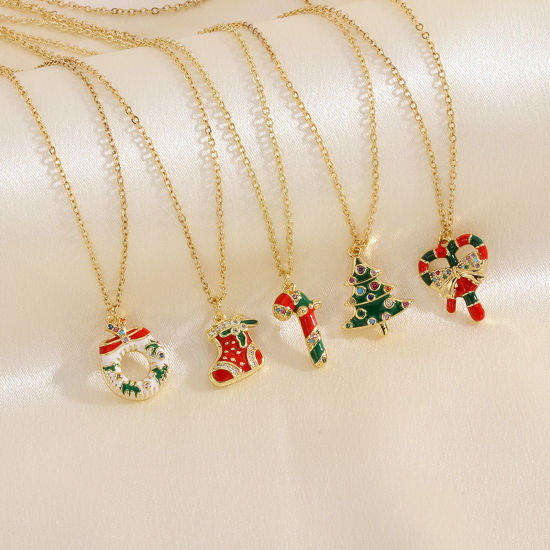 Picture of Hypoallergenic Sweet & Cute Retro 18K Gold Plated Brass & Rhinestone Link Cable Chain Christmas Snowman Enamel Pendant Necklace For Women Christmas