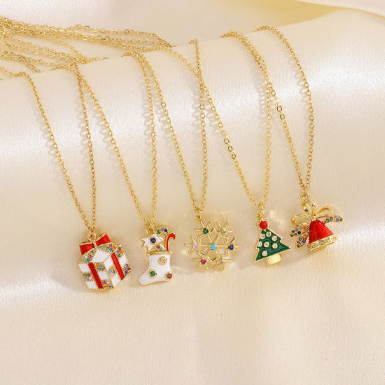 Picture of Hypoallergenic Sweet & Cute Retro 18K Gold Plated Brass & Rhinestone Link Cable Chain Christmas Snowman Enamel Pendant Necklace For Women Christmas