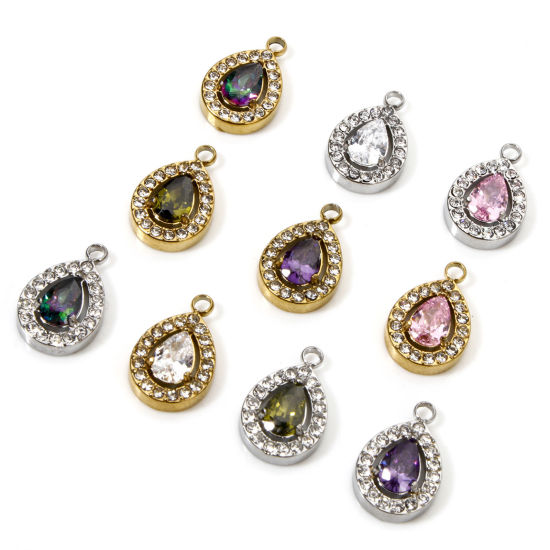 Imagen de 1 Unidad 304 Acero Inoxidable Colgantes Gota Micro Pave Multicolor Circón Artificial 13.5mm x 9mm