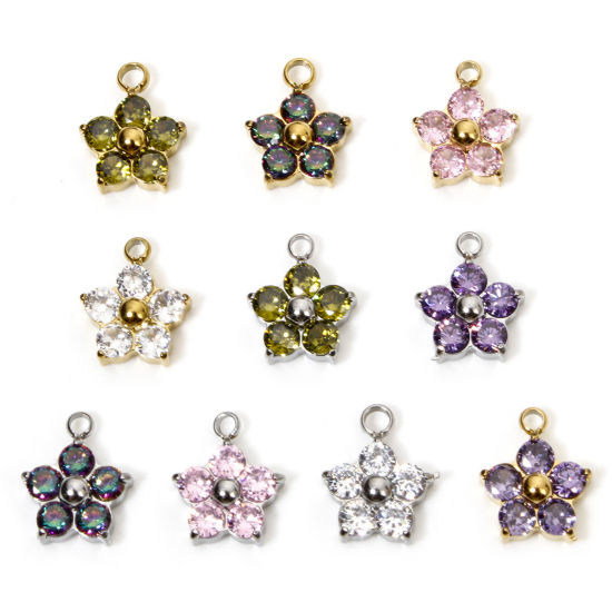 Bild von 1 Stück 304 Edelstahl Charms Pflaumenblüte Bunt Zirkonia 11mm x 9mm
