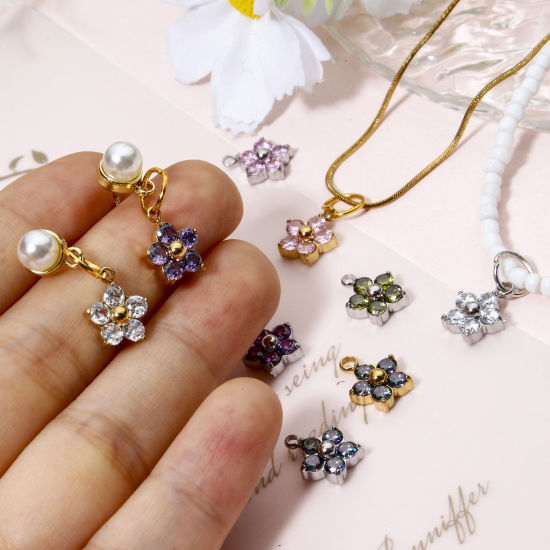 Bild von 1 Stück 304 Edelstahl Charms Pflaumenblüte Bunt Zirkonia 11mm x 9mm