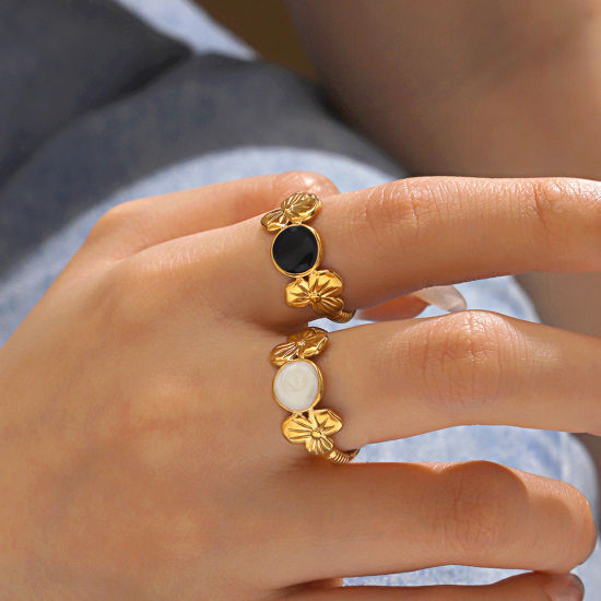 Bild von 1 Stück Vakuumbeschichtung Stilvoll Hip-Hop 18K Gold Plattiert Bunt 304 Edelstahl Offen Rund Blumen Emaille Ring Für Frauen Party