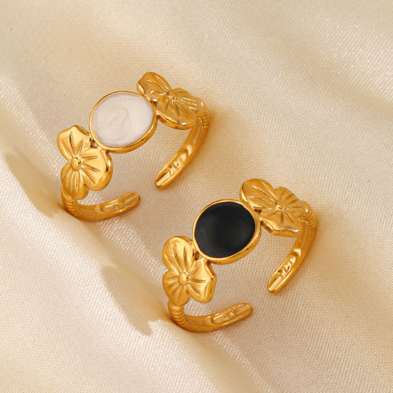 Bild von 1 Stück Vakuumbeschichtung Stilvoll Hip-Hop 18K Gold Plattiert Bunt 304 Edelstahl Offen Rund Blumen Emaille Ring Für Frauen Party