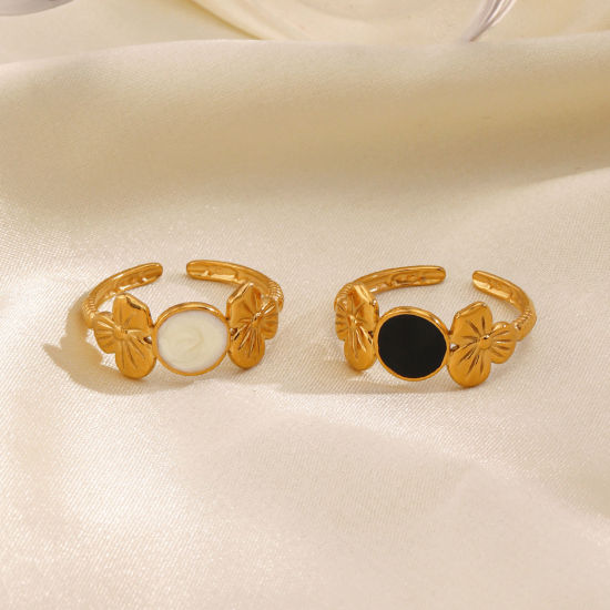 Bild von 1 Stück Vakuumbeschichtung Stilvoll Hip-Hop 18K Gold Plattiert Bunt 304 Edelstahl Offen Rund Blumen Emaille Ring Für Frauen Party