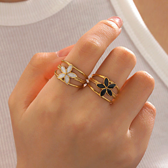 Picture of Vacuum Plating Stylish Ins Style 18K Gold Plated Multicolor 304 Stainless Steel Open Flower Enamel Rings For Women Party
