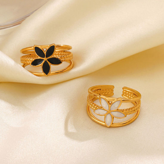 Picture of Vacuum Plating Stylish Ins Style 18K Gold Plated Multicolor 304 Stainless Steel Open Flower Enamel Rings For Women Party