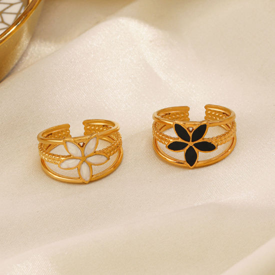Picture of Vacuum Plating Stylish Ins Style 18K Gold Plated Multicolor 304 Stainless Steel Open Flower Enamel Rings For Women Party