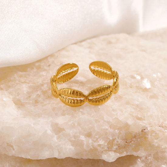 Immagine di 1 Pz Placcatura Sottovuoto 304 Acciaio Inossidabile Gioielli Oceanici Aperto Regolabile Anello Oro Placcato Conchiglia