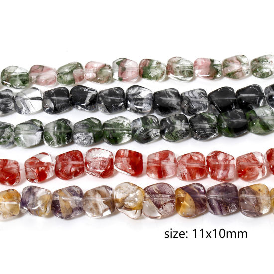 Picture of Glass Beads For DIY Jewelry Making Quadrilateral Multicolor Ink Spot Transparent About 11mm x 10mm, Hole: Approx 0.7mm, 20.5cm(8 1/8") long