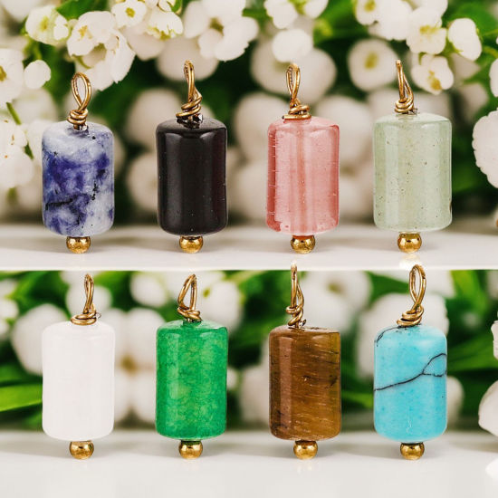 Immagine di 5 Pz 304 Acciaio Inossidabile & Gemma Ciondoli Cilindrico Placcato Oro 18K 17mm x 6mm