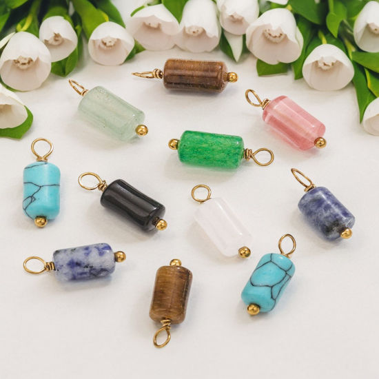 Immagine di 5 Pz 304 Acciaio Inossidabile & Gemma Ciondoli Cilindrico Placcato Oro 18K 17mm x 6mm