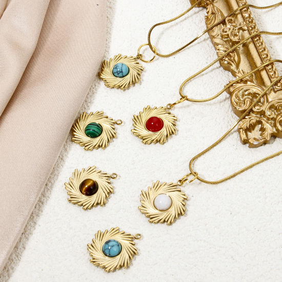 Изображение 1 ШТ вакуумное покрытие 304 Нержавеющая Сталь & Камень Богемный стиль Подвески Спираль Позолоченный Разноцветный Круглые