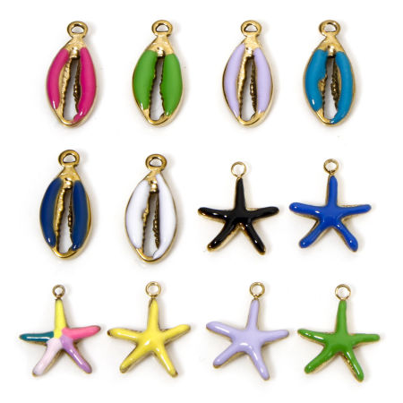 2 Stück Vakuumbeschichtung 304 Edelstahl Ozean Schmuck Charms Muschel Vergoldet Bunt Seesterne Emaille