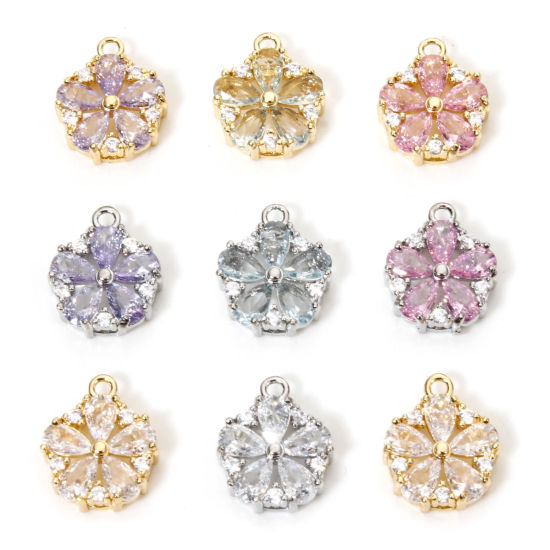 Bild von 1 Stück Umweltfreundlich Messing und Glas Charms Echtgold plattiert Blumen Klar Zirkonia Bunt Strass 13mm x 11mm