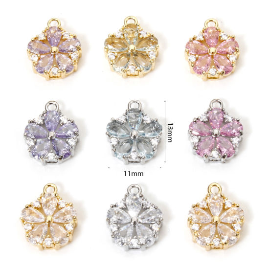 Bild von 1 Stück Umweltfreundlich Messing und Glas Charms Echtgold plattiert Blumen Klar Zirkonia Bunt Strass 13mm x 11mm