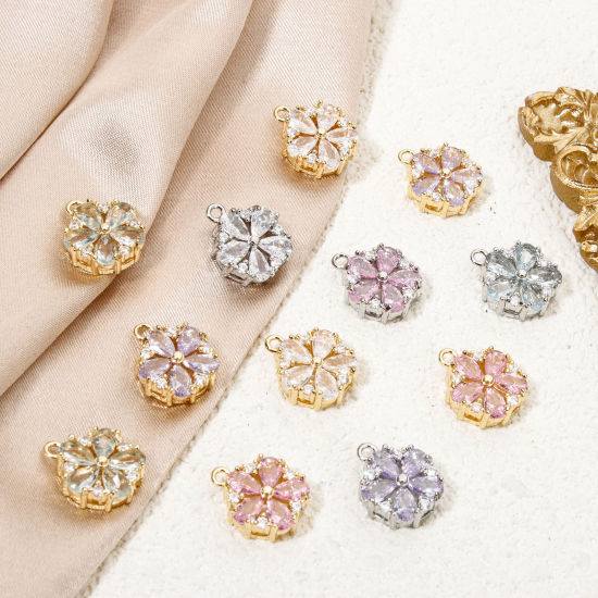 Bild von 1 Stück Umweltfreundlich Messing und Glas Charms Echtgold plattiert Blumen Klar Zirkonia Bunt Strass 13mm x 11mm