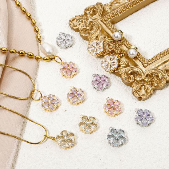 Bild von 1 Stück Umweltfreundlich Messing und Glas Charms Echtgold plattiert Blumen Klar Zirkonia Bunt Strass 13mm x 11mm