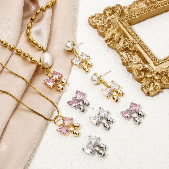 Image de 1 Pièce Breloques Vêtements en Laiton & Verre Respectueux de la Nature Nœuds Papillon Plaqué Or Véritable à Strass Coloré 14mm x 13mm
