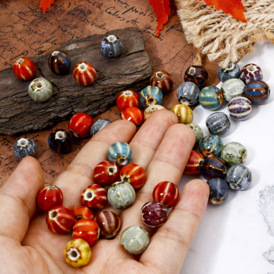 Picture of Ceramic Beads For DIY Jewelry Making Pumpkin Multicolor About 12mm x 11mm, Hole: Approx 2mm