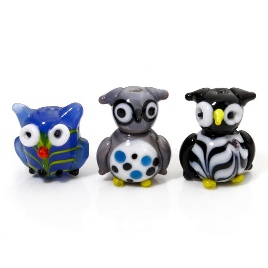 Picture of Lampwork Glass Beads For DIY Jewelry Making Owl Animal Multicolor Stripe 3D