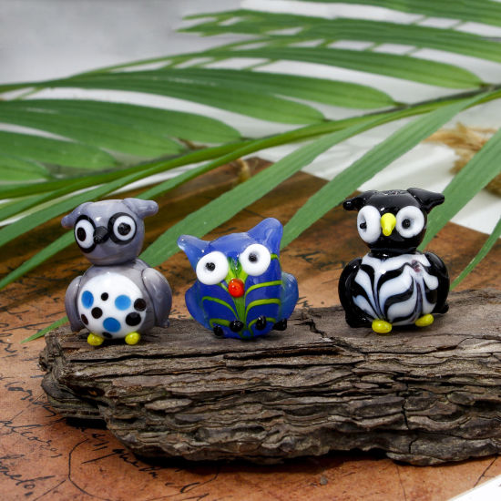 Picture of Lampwork Glass Beads For DIY Jewelry Making Owl Animal Multicolor Stripe 3D