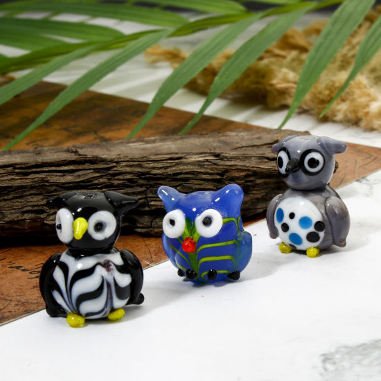 Picture of Lampwork Glass Beads For DIY Jewelry Making Owl Animal Multicolor Stripe 3D