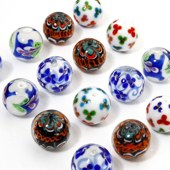 Picture of Lampwork Glass Beads For DIY Jewelry Making Round Multicolor Flower About 20mm Dia, Hole: Approx 1.6mm