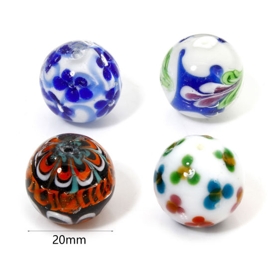 Picture of Lampwork Glass Beads For DIY Jewelry Making Round Multicolor Flower About 20mm Dia, Hole: Approx 1.6mm