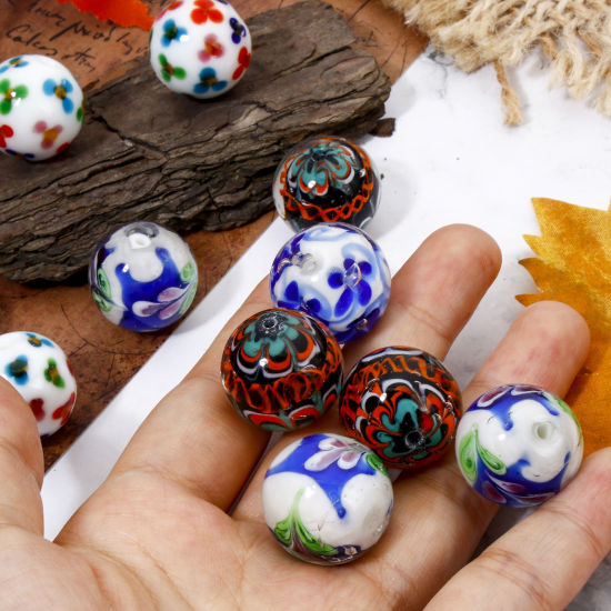 Picture of Lampwork Glass Beads For DIY Jewelry Making Round Multicolor Flower About 20mm Dia, Hole: Approx 1.6mm