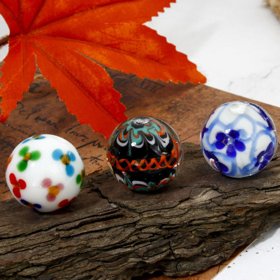 Picture of Lampwork Glass Beads For DIY Jewelry Making Round Multicolor Flower About 20mm Dia, Hole: Approx 1.6mm