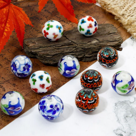 Picture of Lampwork Glass Beads For DIY Jewelry Making Round Multicolor Flower About 20mm Dia, Hole: Approx 1.6mm