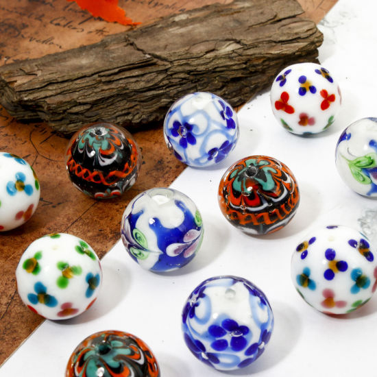 Picture of Lampwork Glass Beads For DIY Jewelry Making Round Multicolor Flower About 20mm Dia, Hole: Approx 1.6mm