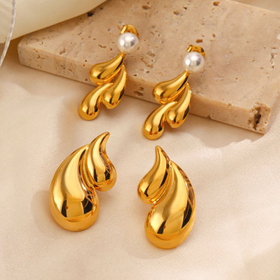 Picture of Vacuum Plating Simple & Casual Ins Style 18K Gold Plated 304 Stainless Steel Drop Smooth Blank Earrings For Women Party