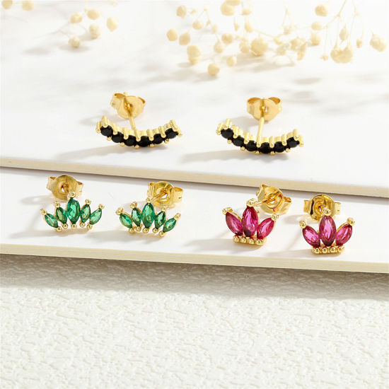 Picture of Eco-friendly Stylish Exquisite 18K Gold Plated Multicolor Brass & Cubic Zirconia Marquise Crown Ear Post Stud Earrings For Women Birthday