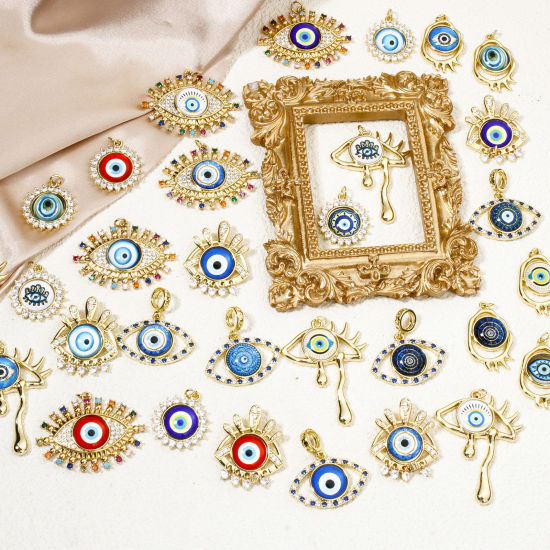 Image de 1 Pièce Pendentifs Religieux en Laiton Respectueux de la Nature Plaqué Or Véritable 18K Œil Mauvais Avec Cabochon en Verre