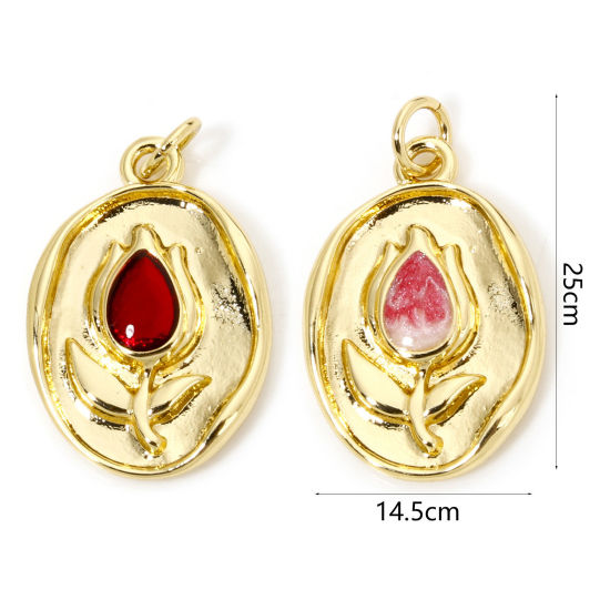 Bild von 1 Stück Umweltfreundlich Messing Charms 18K Echtgold plattiert Oval Tulpen Emaille 25mm x 14,5mm