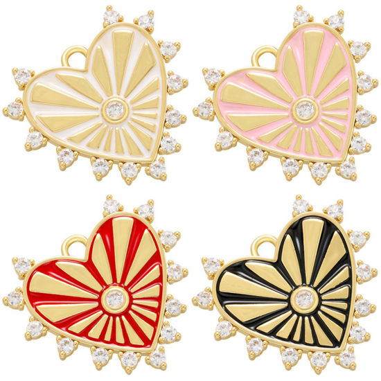 Image de 1 Pièce Breloques La Saint Valentin en Laiton Cœur Plaqué Or 18K Multicolore Rayons de Soleil Émail à Strass Transparent 23mm x 22mm