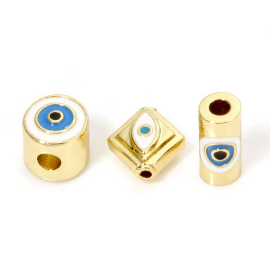 Bild von 1 Stück Umweltfreundlich Messing Religiös Perlen zur DIY-Schmuckherstellung 18K Echtgold plattiert Zylinder Böser Blick Evil Eye Emaille