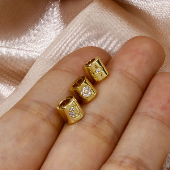 Bild von 1 Stück Umweltfreundlich Messing Galaxis Perlen zur DIY-Schmuckherstellung 18K Echtgold plattiert Zylinder Sonne & Mond Transparent Strass